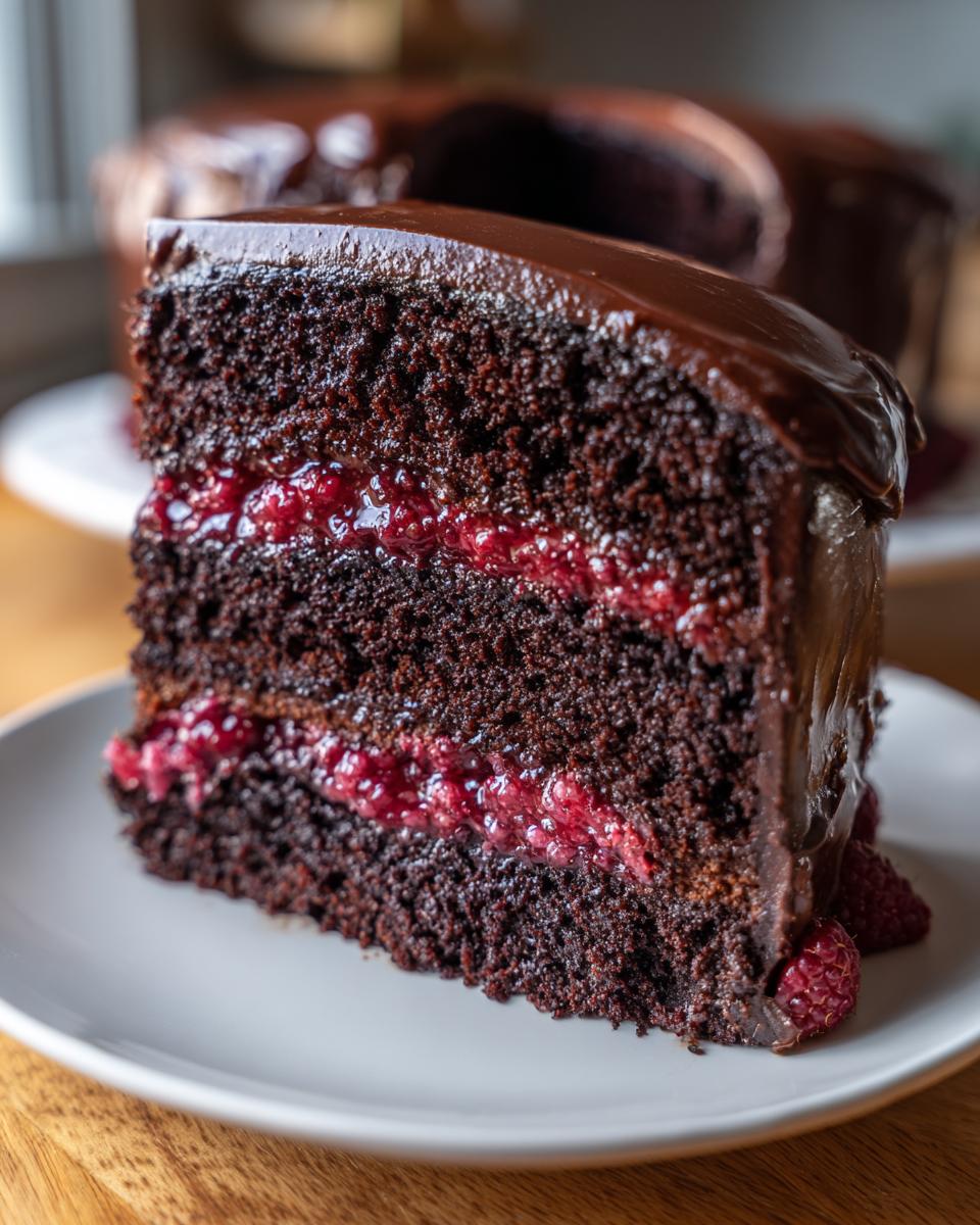 A decadent slice of dark chocolate raspberry cake featuring rich layers, raspberry filling, and glossy chocolate ganache.
