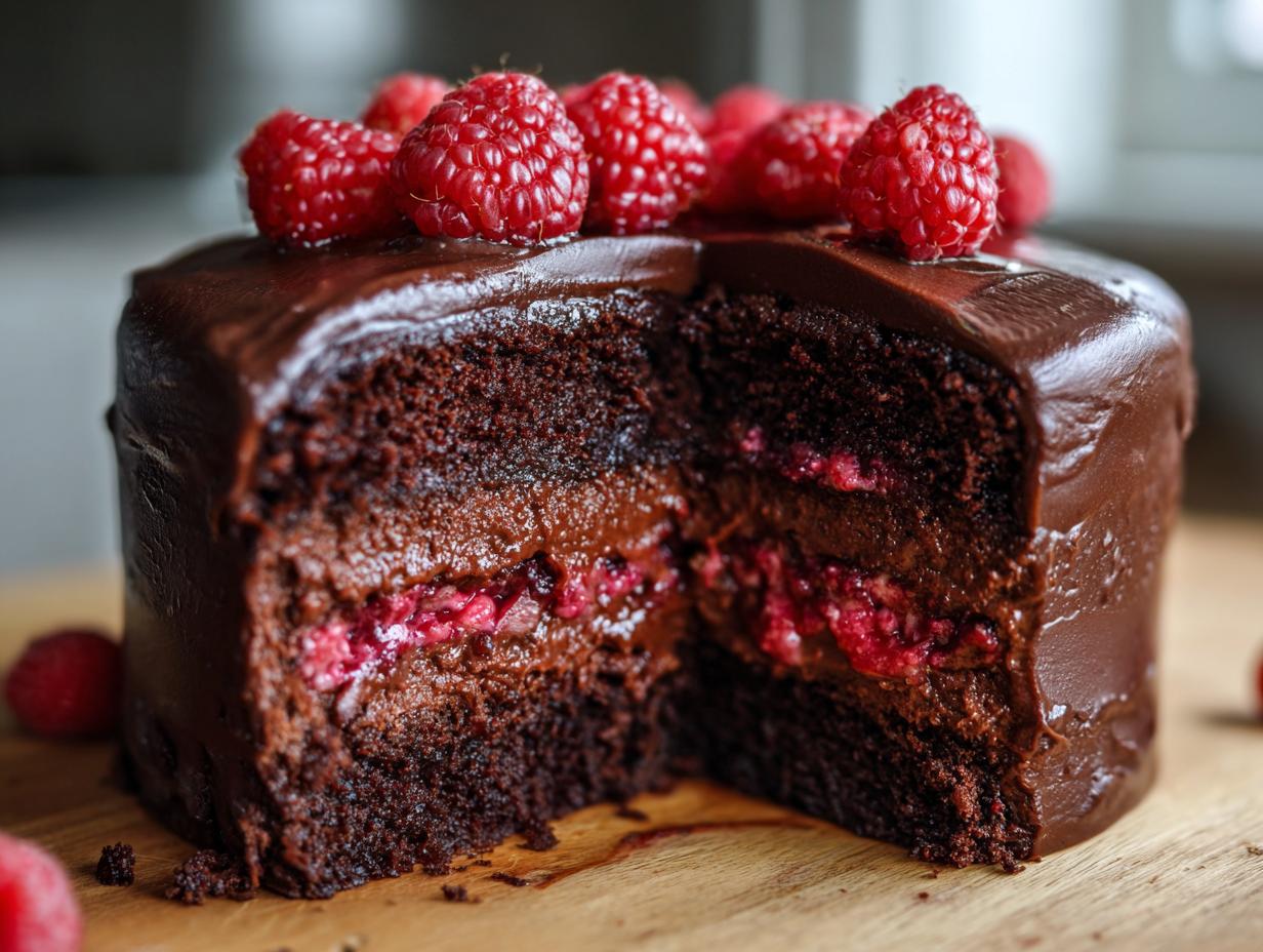 Close-up of a slice missing from a decadent dark chocolate raspberry cake, showing layers and fresh raspberries on top.