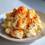 A mound of creamy deviled egg potato salad generously sprinkled with bright red paprika on a light plate.