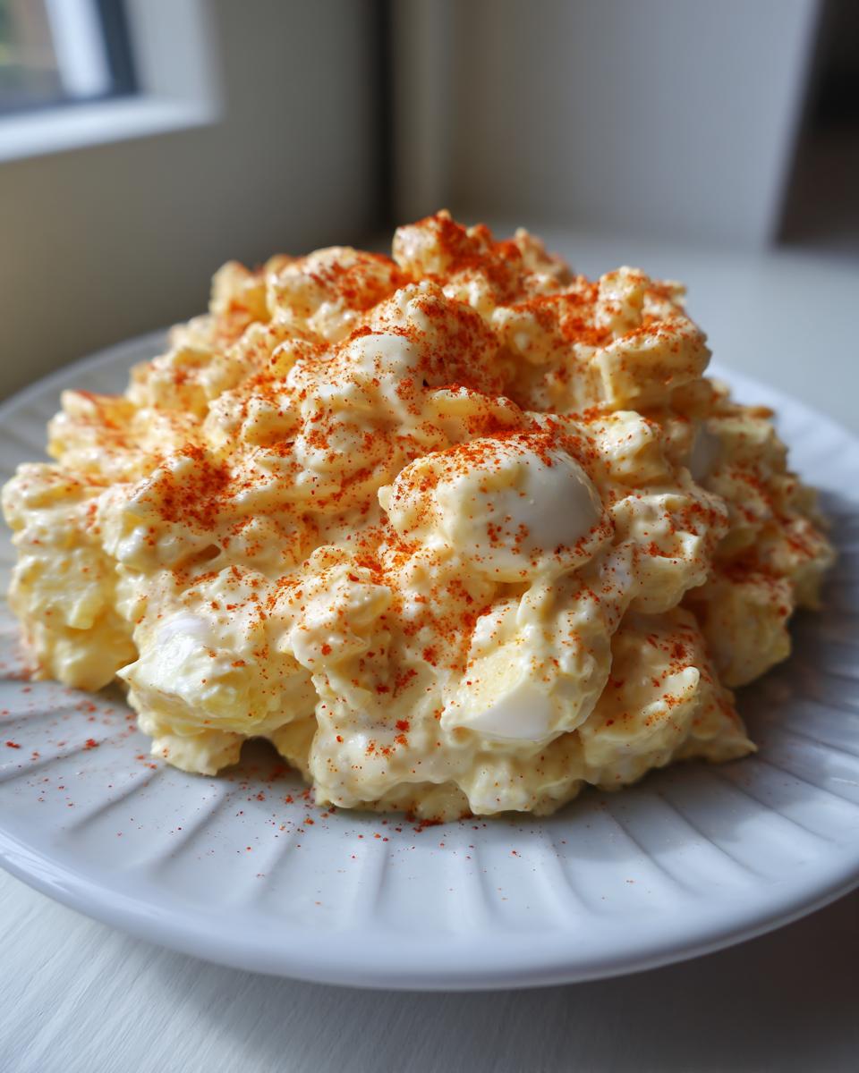 A mound of creamy deviled egg potato salad generously topped with bright red paprika, served on a white plate.