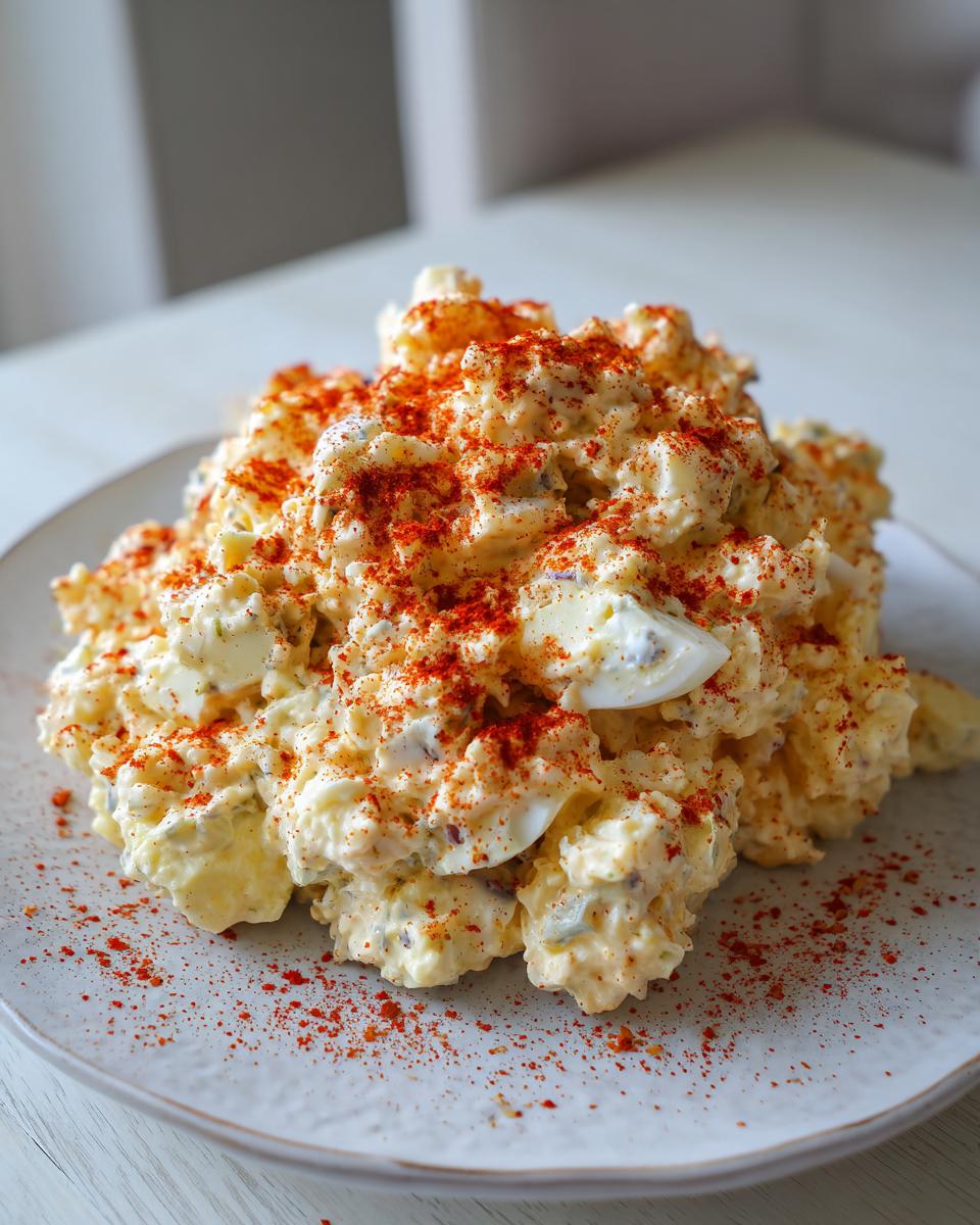 A generous scoop of creamy deviled egg potato salad topped heavily with bright red paprika, served on a light gray plate.