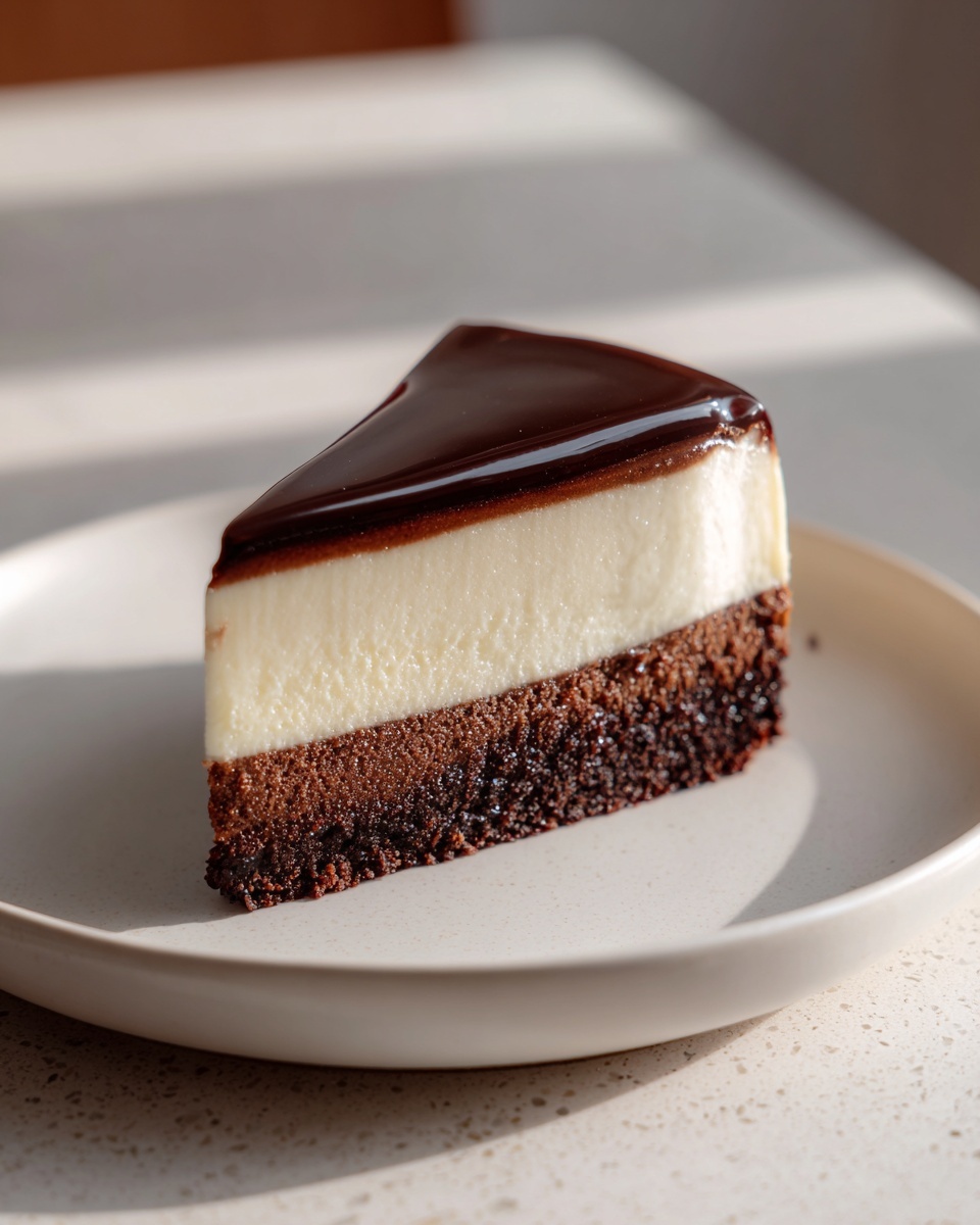 A perfect slice of Dubai chocolate cheesecake featuring a dark chocolate base, creamy white layer, and glossy chocolate glaze.