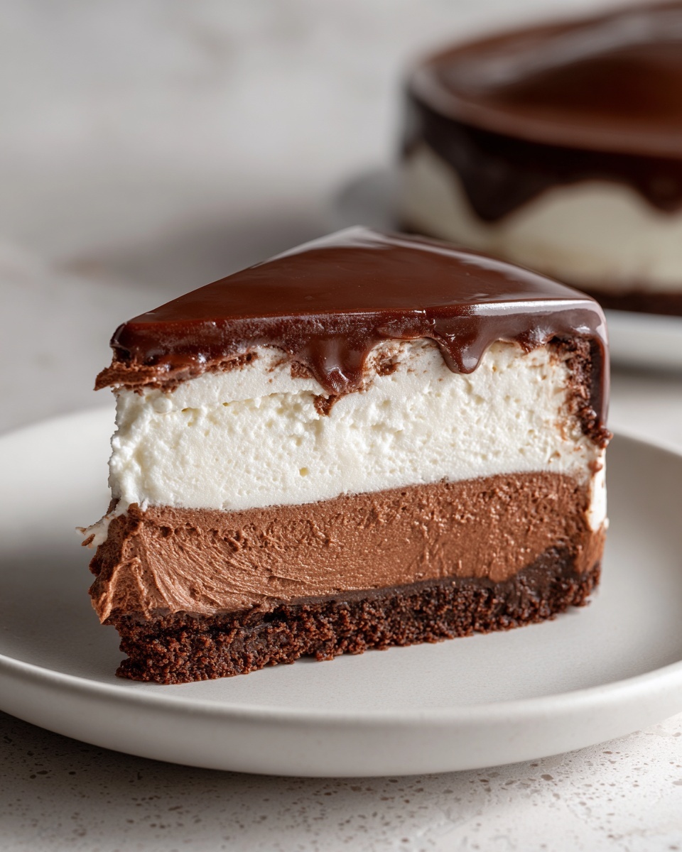 A tempting slice of Dubai chocolate cheesecake showing three distinct layers and a glossy chocolate ganache topping.