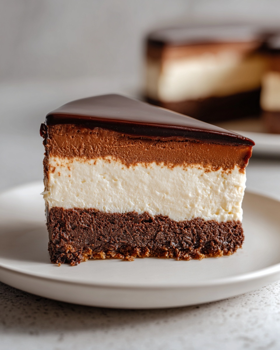 A perfect slice of Dubai chocolate cheesecake showing three distinct layers: dark chocolate base, white cheesecake, and chocolate mousse, topped with a shiny glaze.