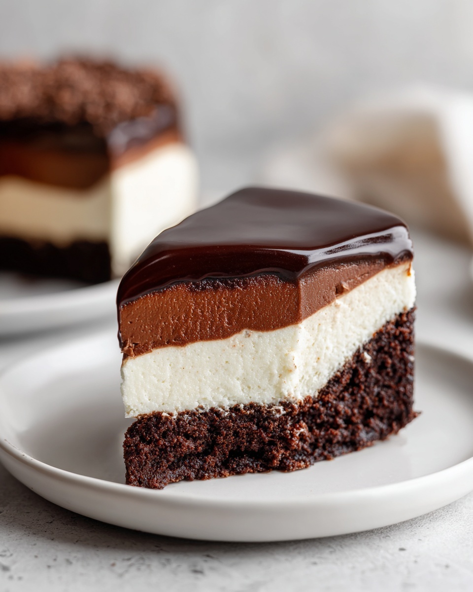 A perfect slice of Dubai chocolate cheesecake showing dark chocolate base, white layer, and chocolate mousse topping with shiny glaze.