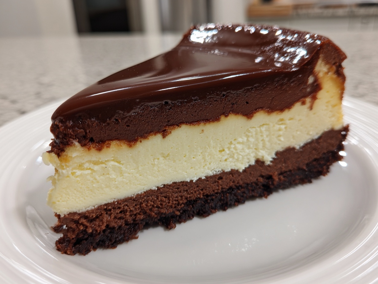 A decadent slice of Dubai chocolate cheesecake showing distinct layers: dark chocolate base, creamy cheesecake, chocolate mousse, and shiny ganache topping.