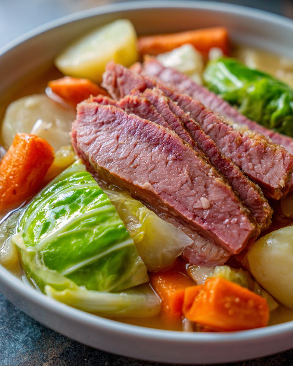 Close-up of sliced corned beef and cabbage cooked with carrots and potatoes in a bowl.