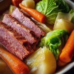 Close-up of tender, sliced dutch oven corned beef and cabbage with carrots and potatoes.