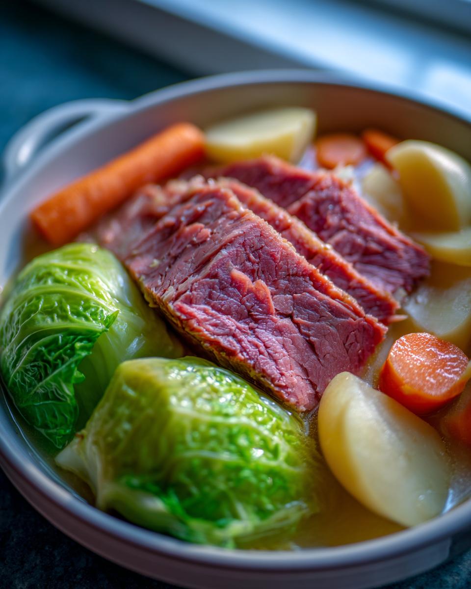 Close-up of sliced dutch oven corned beef and cabbage with potatoes and carrots in broth.