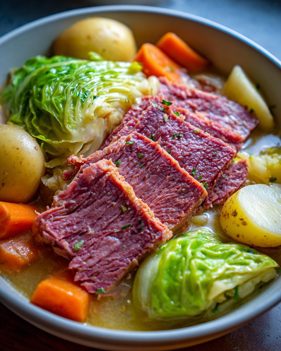 Close-up of sliced dutch oven corned beef and cabbage with potatoes and carrots in broth.