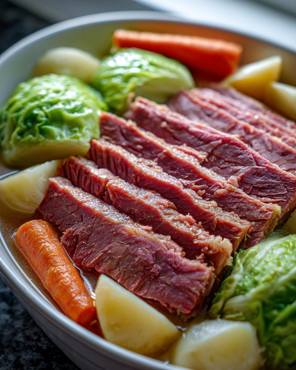 Close-up of sliced dutch oven corned beef and cabbage with carrots and potatoes in a white bowl.