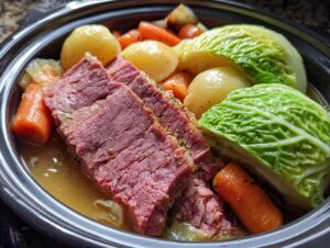 Slices of tender corned beef served with potatoes, carrots, and wedges of green cabbage in a dutch oven.