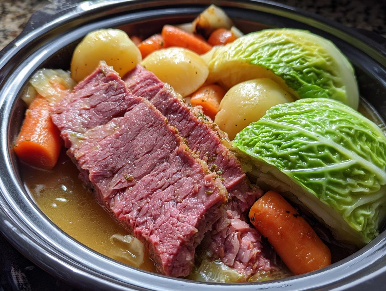 Slices of tender corned beef served with potatoes, carrots, and wedges of green cabbage in a dutch oven.