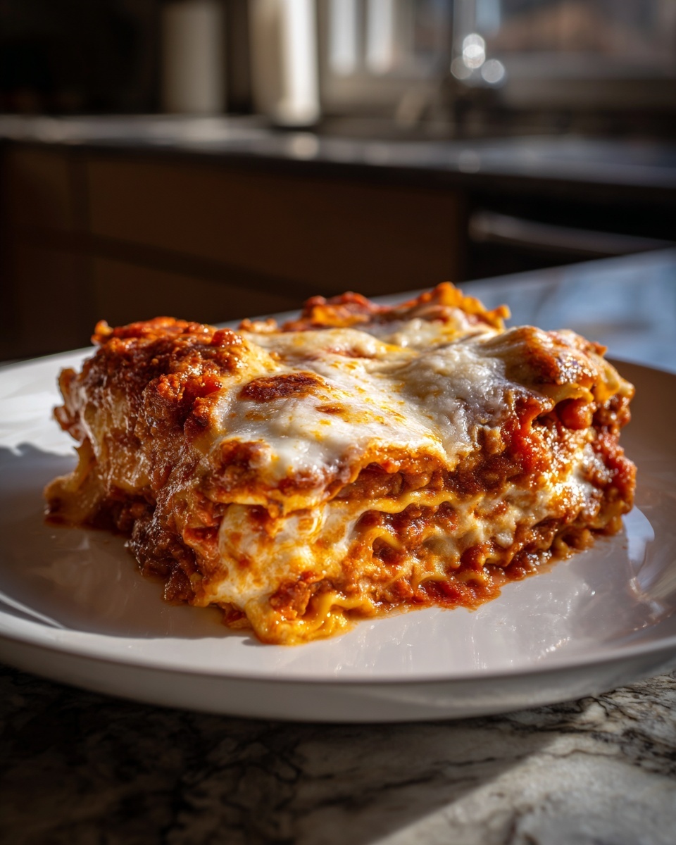 A generous slice of easy crockpot ravioli lasagna layered with sauce and melted cheese on a white plate.