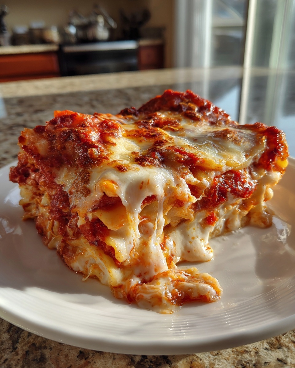 A gooey, cheesy slice of easy crockpot ravioli lasagna covered in rich tomato sauce.