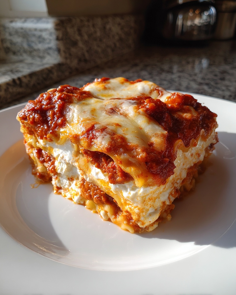 A thick, layered slice of easy crockpot ravioli lasagna topped with rich tomato sauce and melted mozzarella cheese.