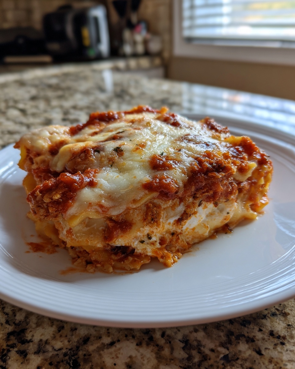 A close-up of a generous slice of easy crockpot ravioli lasagna topped with melted cheese and rich marinara sauce.