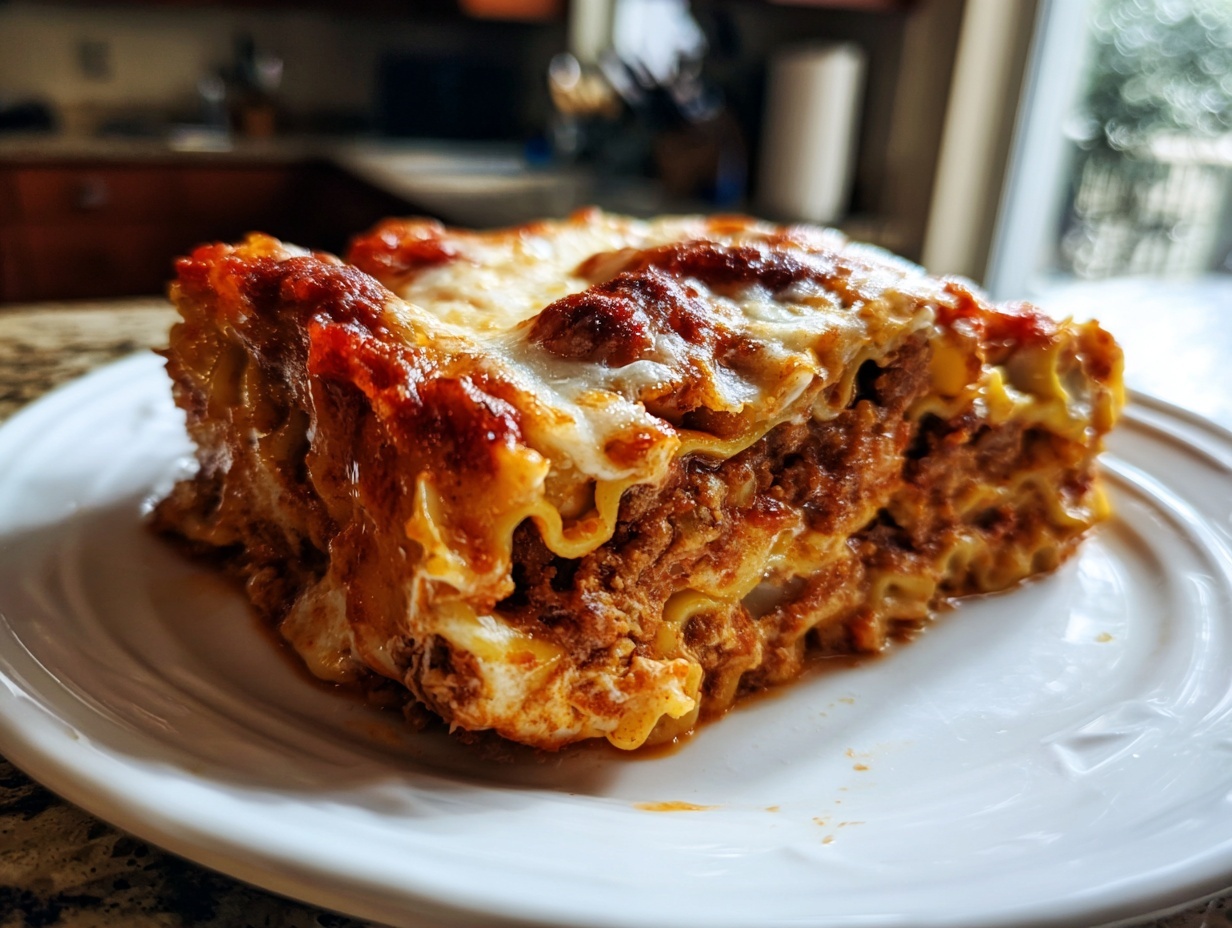 A close-up of a hearty slice of easy crockpot ravioli lasagna showing layers of meat sauce and melted cheese on a white plate.