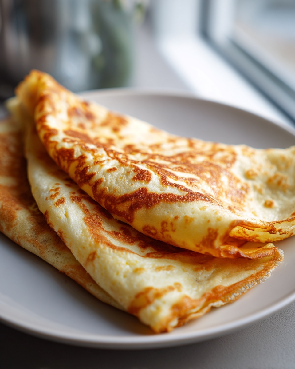 Three folded, golden-brown crepes, ready to be used as a cottage cheese wrap, stacked on a light plate.