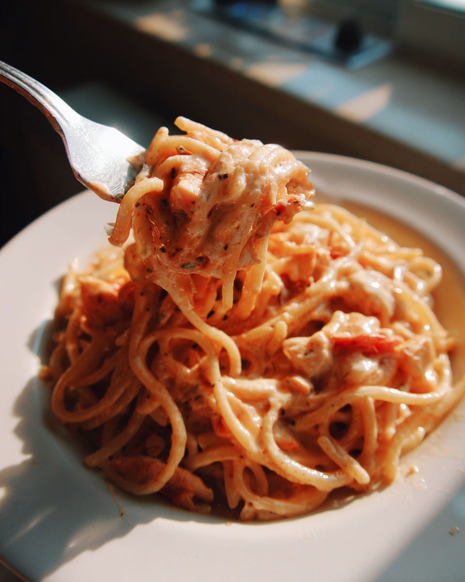 A fork lifts a bite of creamy, saucy chicken spaghetti casserole from a white plate.