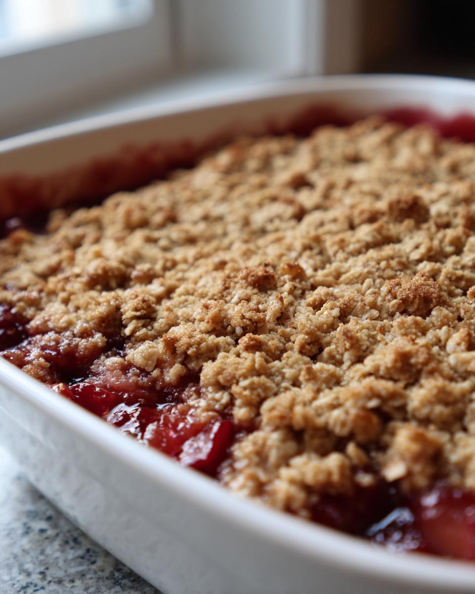 Close-up of a freshly baked rhubarb crisp with a golden, crumbly topping bubbling over bright red rhubarb filling.