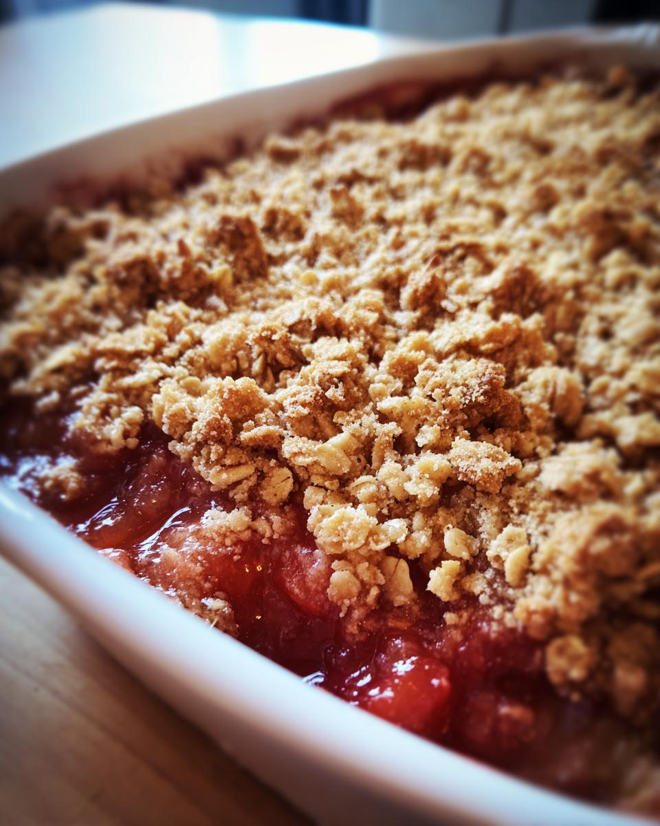A close-up, slightly angled shot of a freshly baked rhubarb crisp showing the bubbling red fruit filling beneath a thick, golden brown oat topping.