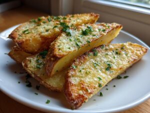 Close-up of crispy garlic parmesan potato wedges topped with melted cheese and fresh parsley on a white plate.