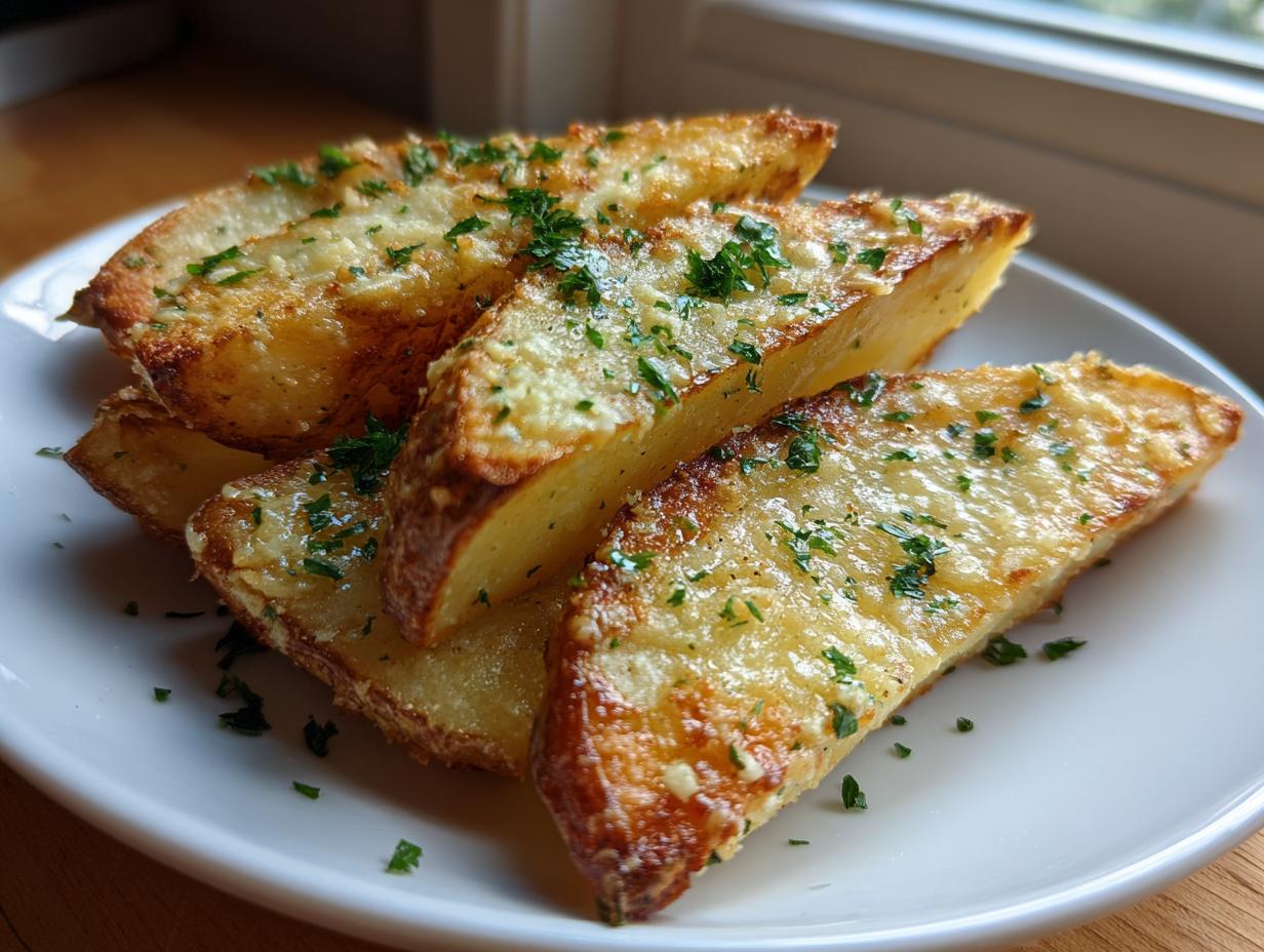 Close-up of crispy garlic parmesan potato wedges topped with melted cheese and fresh parsley on a white plate.