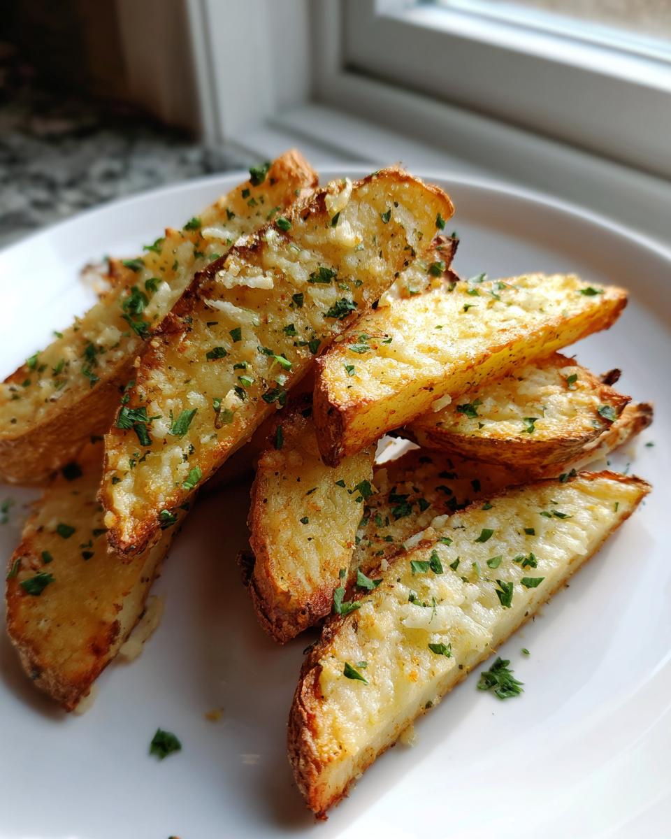 A pile of golden brown, crispy garlic parmesan potato wedges sprinkled with fresh green parsley on a white plate.