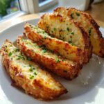 Four crispy, golden-brown garlic parmesan potato wedges sprinkled with fresh parsley on a white plate.