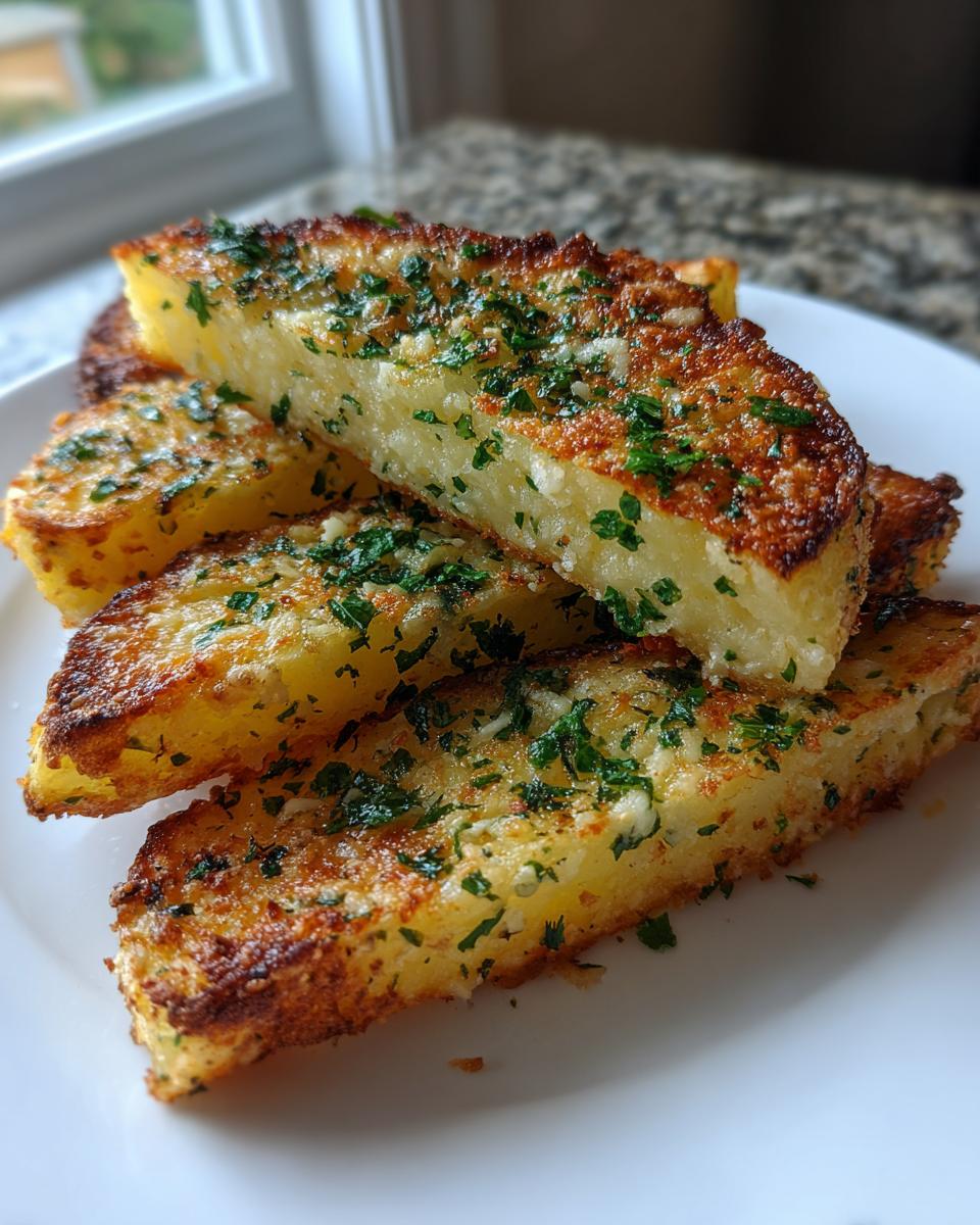 A stack of crispy, golden garlic parmesan potato wedges seasoned with fresh green parsley.