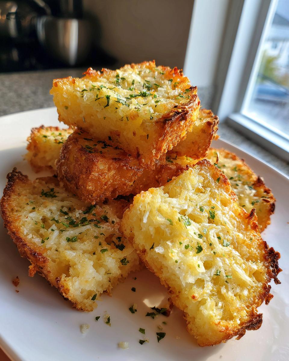 A stack of golden brown, crispy garlic parmesan potato wedges topped with chopped parsley.
