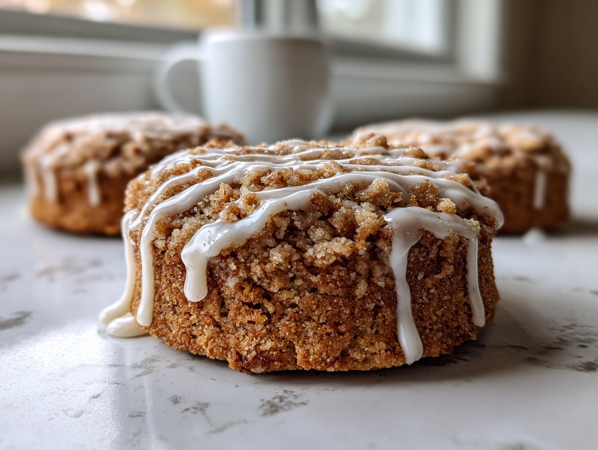 A close-up of one of the delicious gilmore girls coffee cake cookies topped with crumb topping and white icing drizzle.