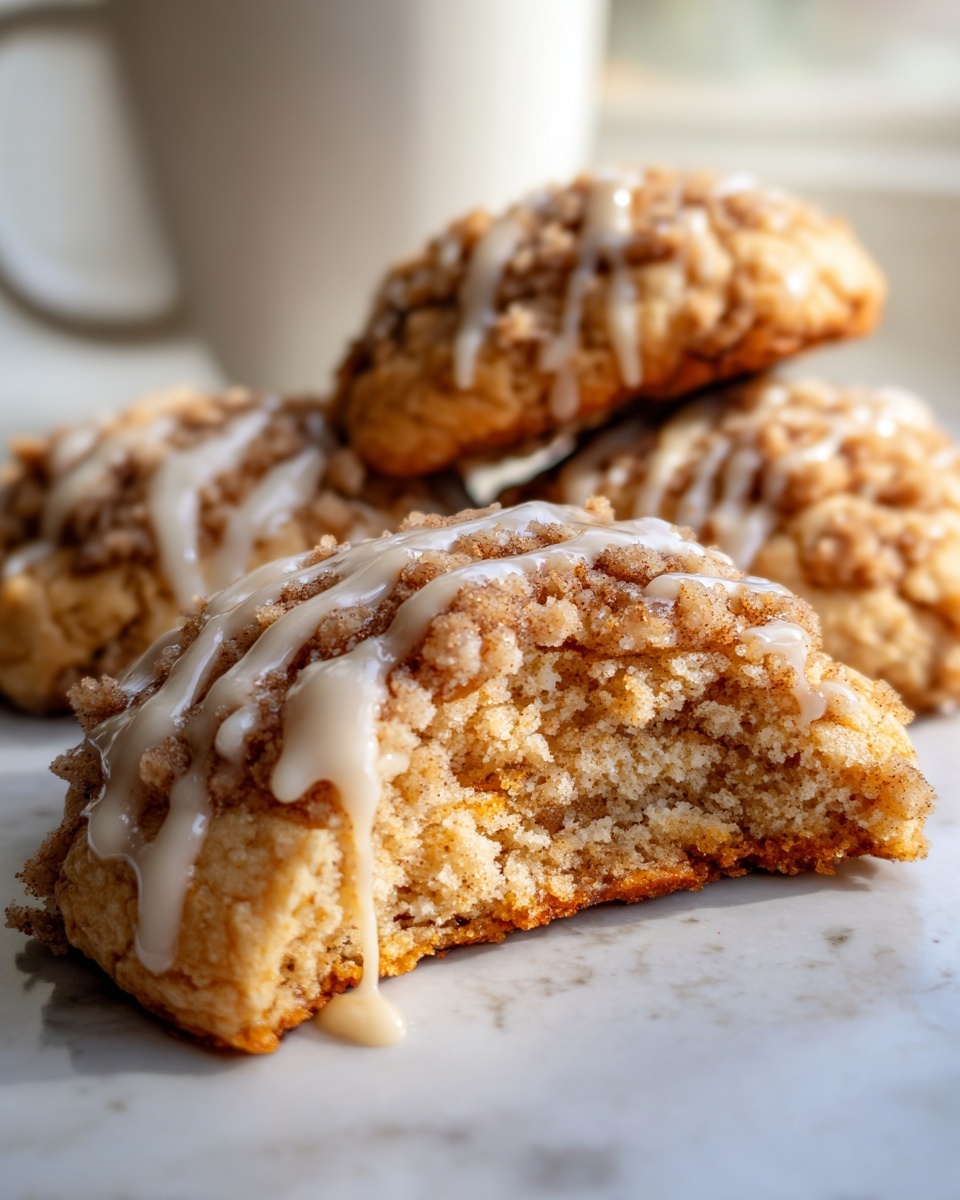 A close-up of a broken gilmore girls coffee cake cookie showing the soft interior, topped with crumble and drizzled with vanilla icing.