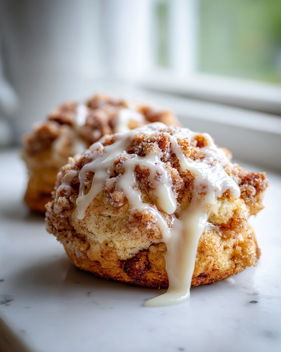 A close-up of a freshly baked gilmore girls coffee cake cookie topped with cinnamon streusel and dripping vanilla glaze.