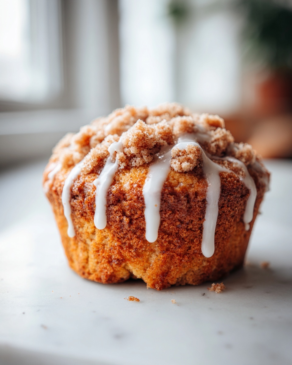 A single, golden-brown baked good resembling a muffin or cookie, topped with cinnamon streusel and white glaze, inspired by gilmore girls coffee cake cookies.