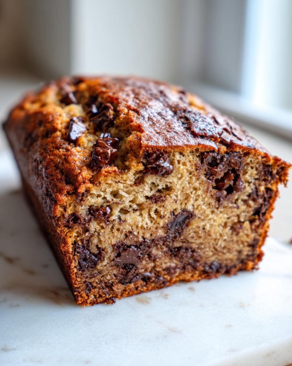 Close-up of a freshly baked loaf of gluten free chocolate chip banana bread showing a moist crumb and melted chocolate chips.