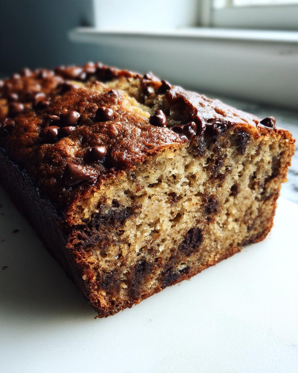 A close-up view of a freshly baked loaf of gluten free chocolate chip banana bread, showing a moist interior and chocolate chips on top.
