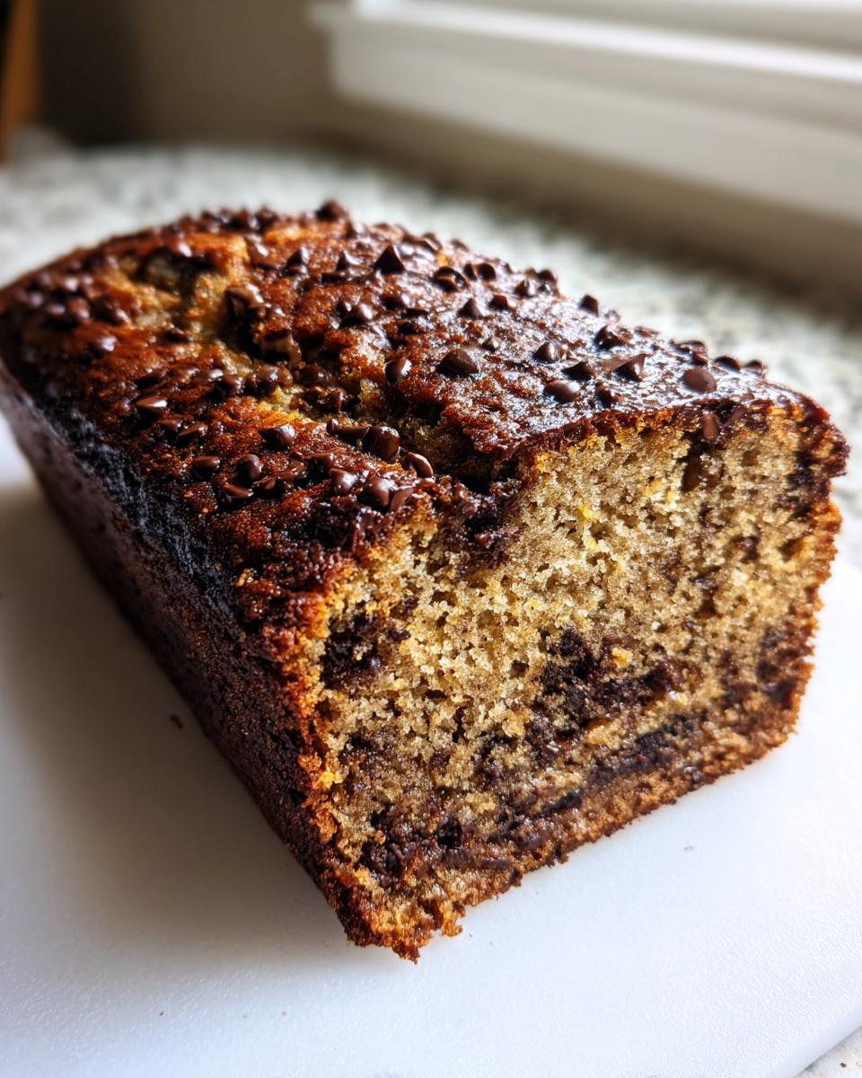 A freshly baked loaf of gluten free chocolate chip banana bread with a dark, rich crust and melted chocolate chips.