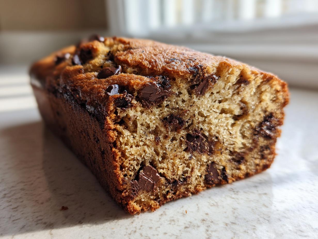 A close-up, cross-section view of a freshly baked gluten free chocolate chip banana bread loaf with a golden crust.