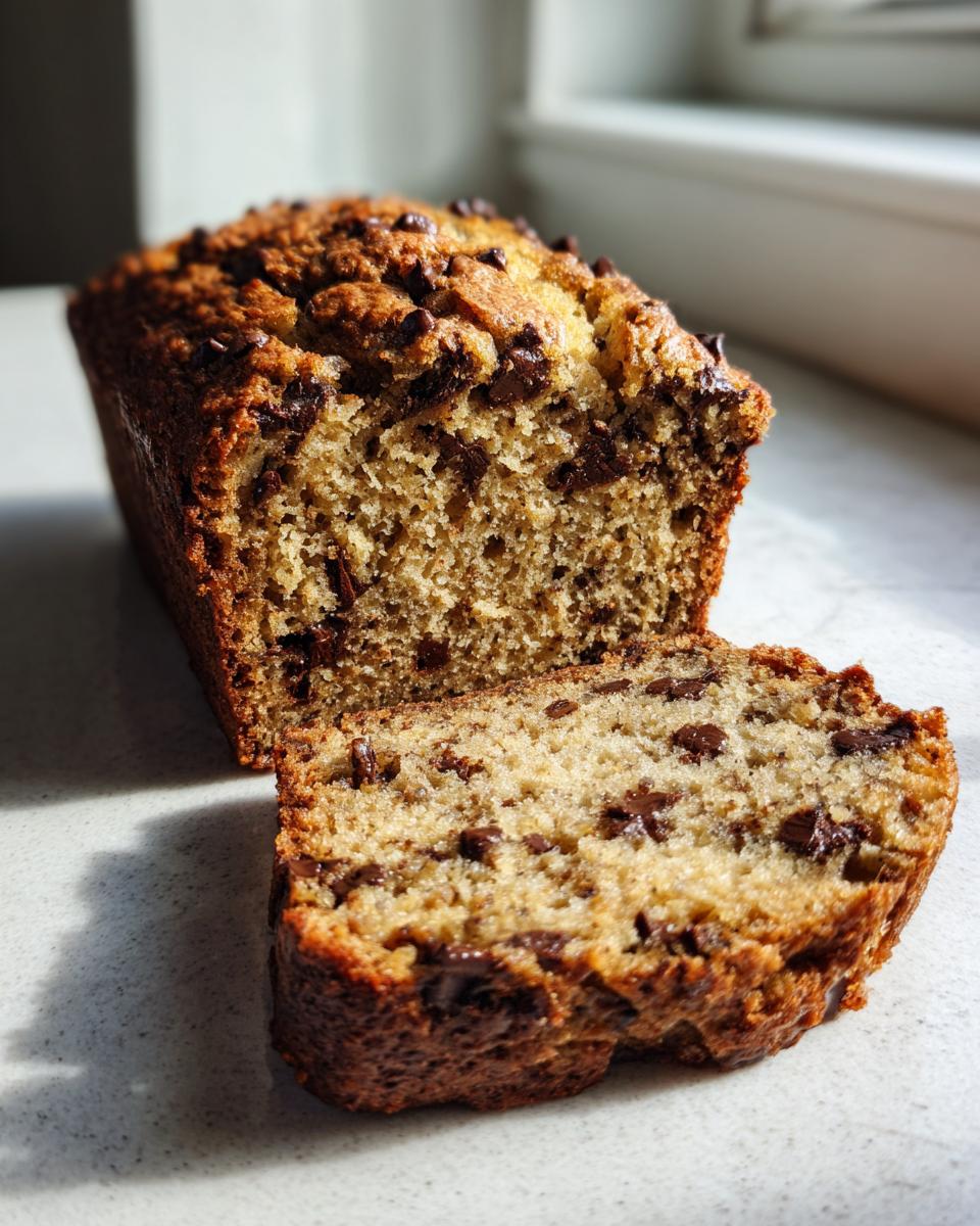 A loaf of moist gluten free chocolate chip banana bread with one slice cut, showing rich chocolate chips throughout.