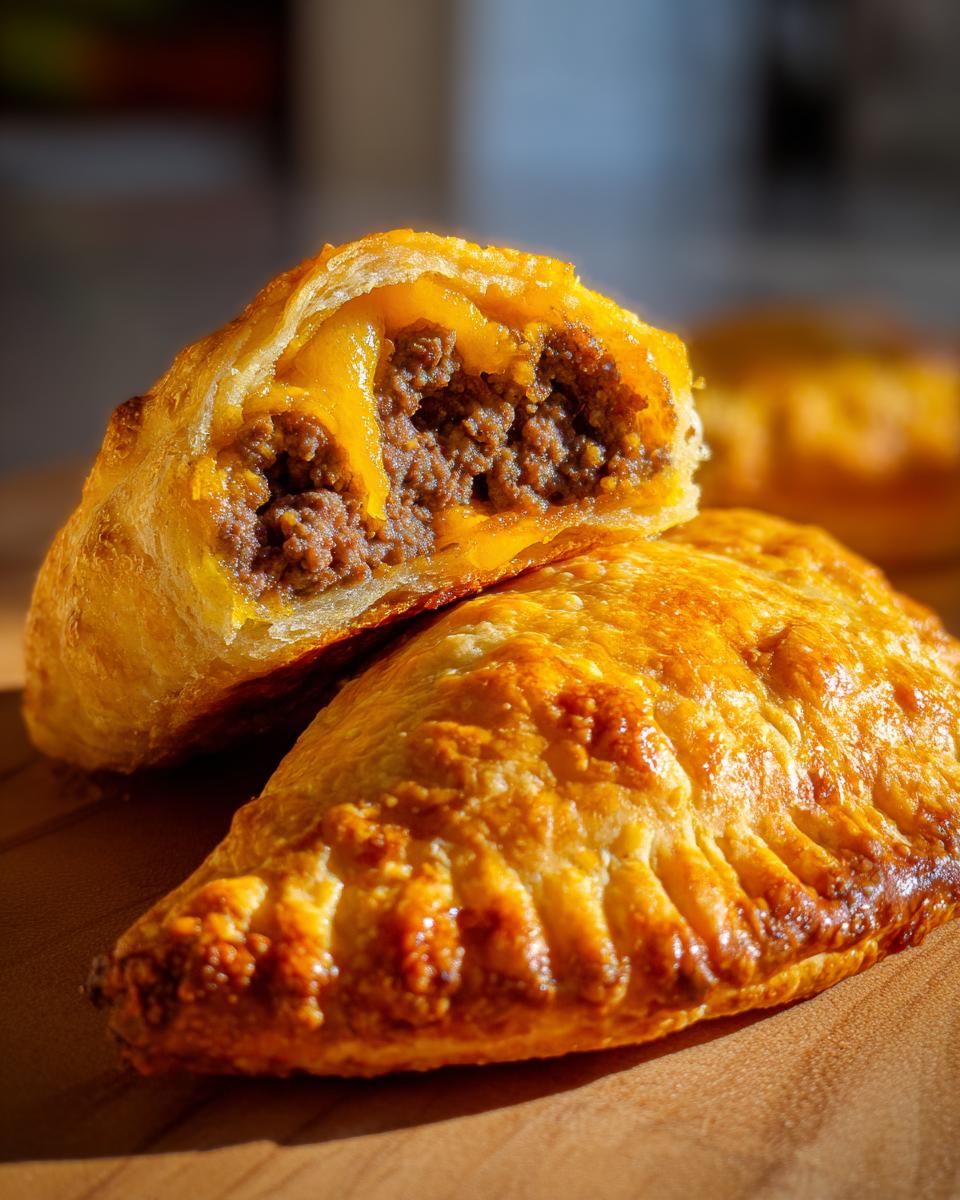 Close-up of golden baked cheeseburger pockets, one cut open revealing ground beef and melted cheese filling.
