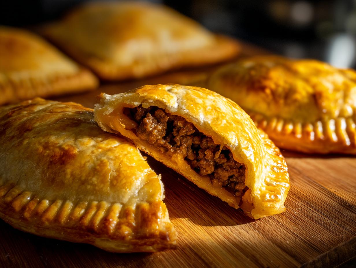 Close-up of a golden-brown cheeseburger pocket cut open, revealing a seasoned ground beef filling.
