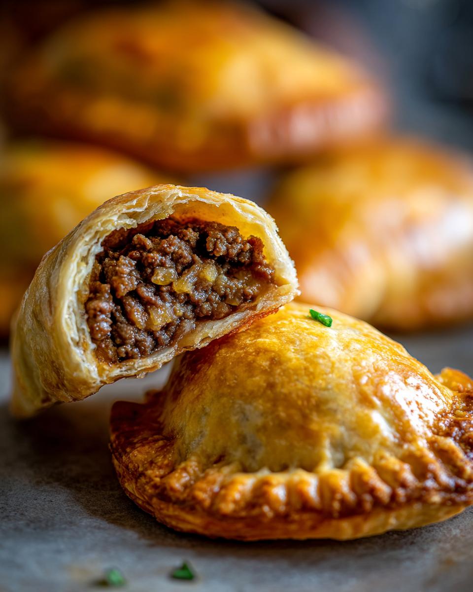 Close-up of a golden baked cheeseburger pockets, one cut open showing the seasoned ground beef filling.