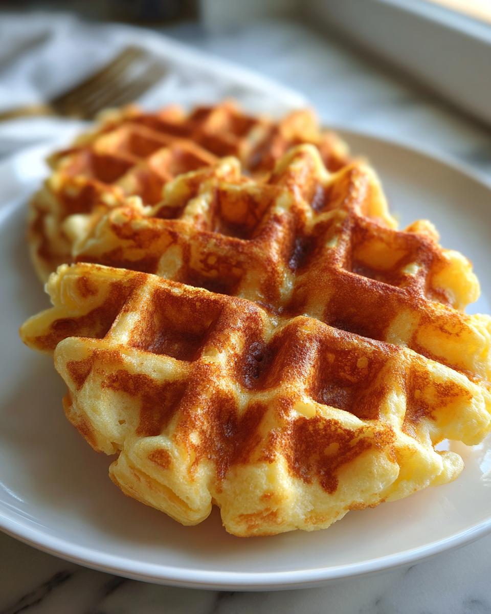 Close-up of two golden brown cottage cheese waffles stacked slightly on a white plate.