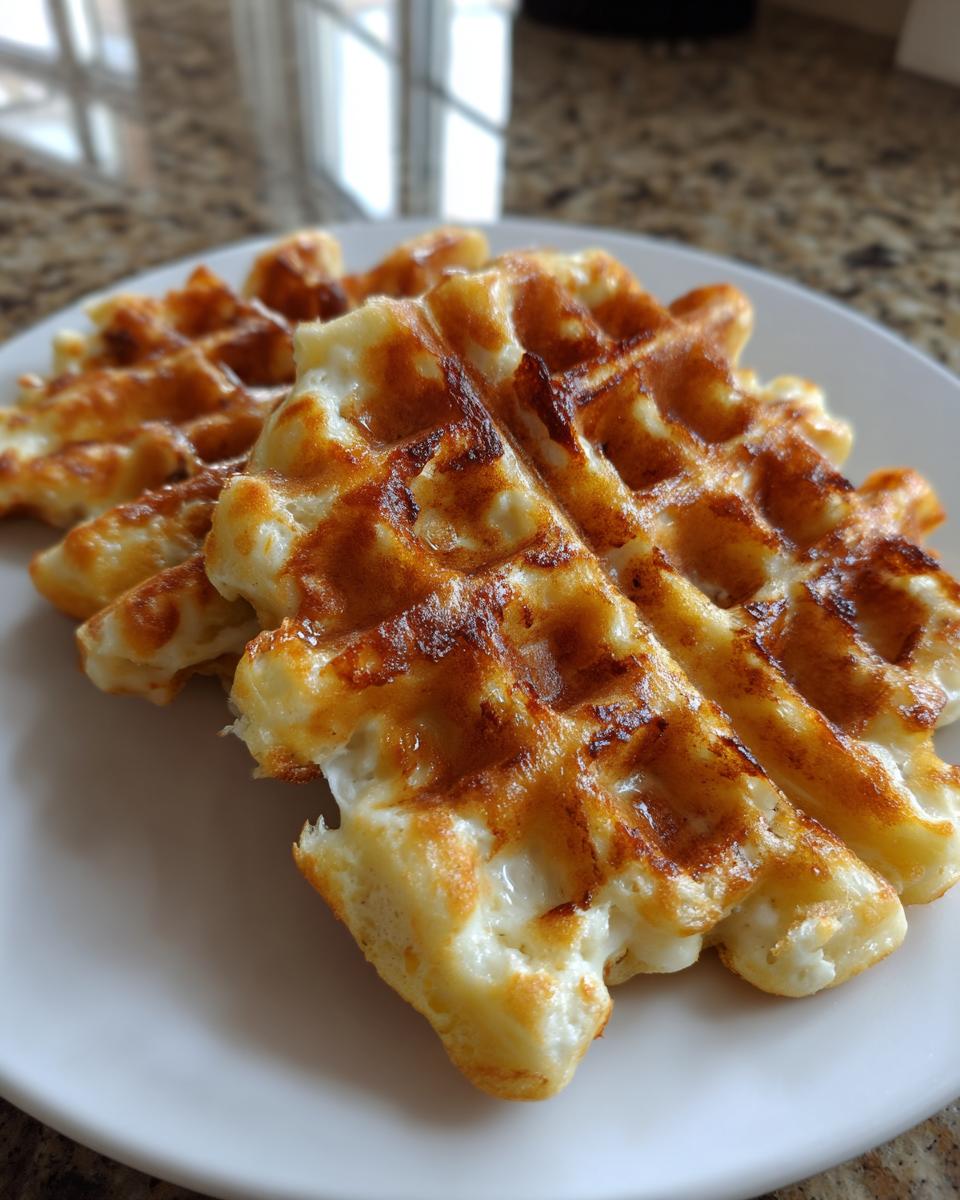 Close-up of two golden brown cottage cheese waffles stacked slightly on a white plate.