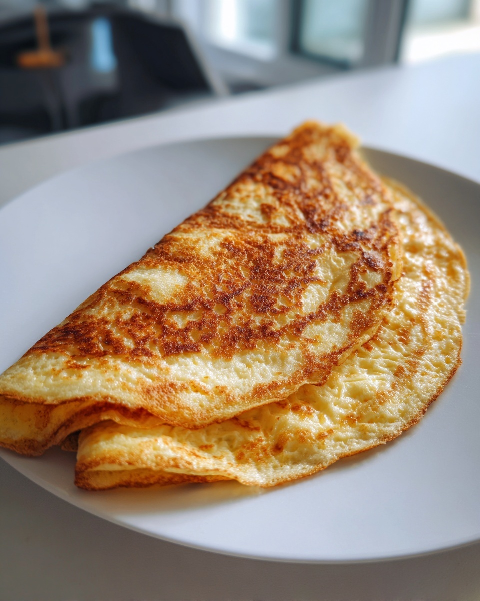 A golden brown, folded cottage cheese wrap cooked like a thin omelet, resting on a white plate.
