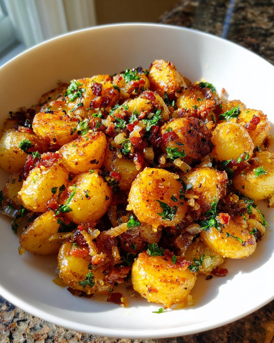 A close-up of golden, roasted potatoes mixed with bacon bits and herbs, resembling a warm crispy potato salad.