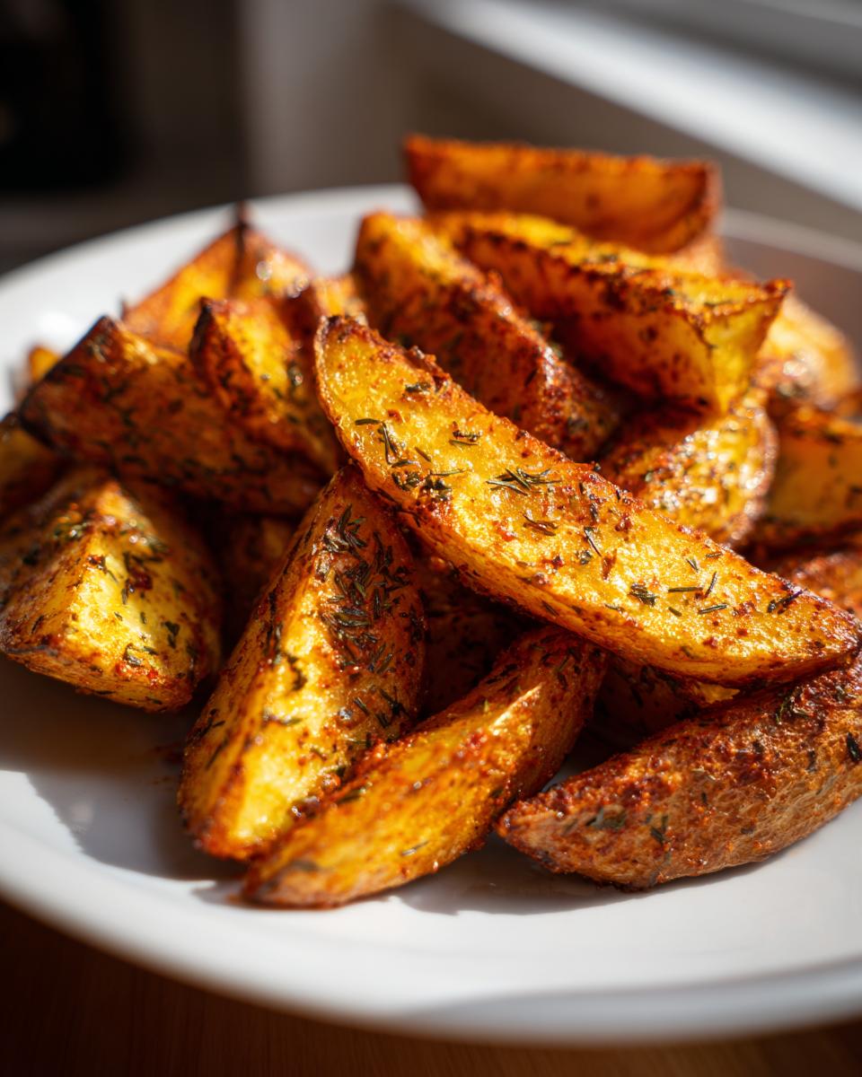 Close-up of golden brown, crispy seasoned potato wedges piled high on a white plate.