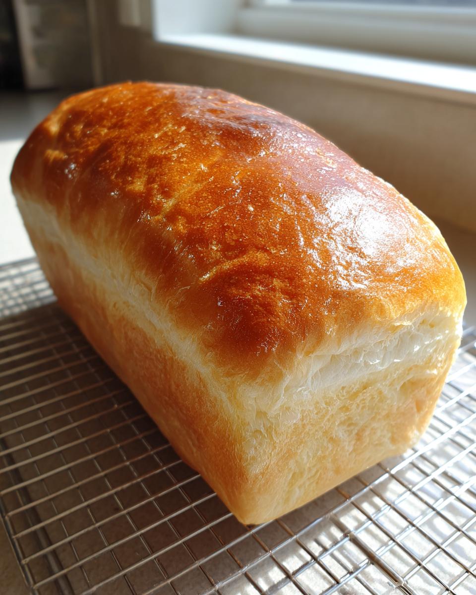 A freshly baked, golden brown yeast bread loaf with a shiny crust cooling on a wire rack.